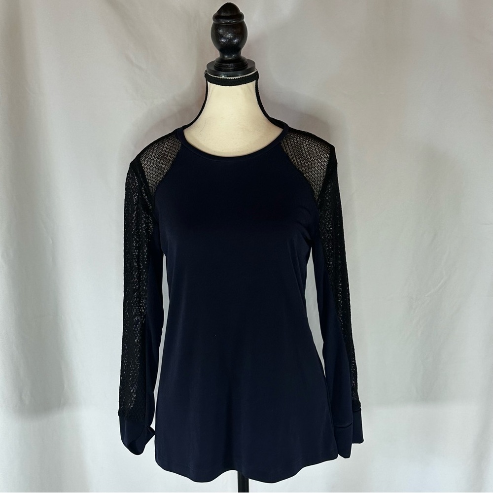 Anatomie Navy Mesh-Sleeve Fishnet Long Sleeve Luxury Travel Sz Lg Quiet Luxury